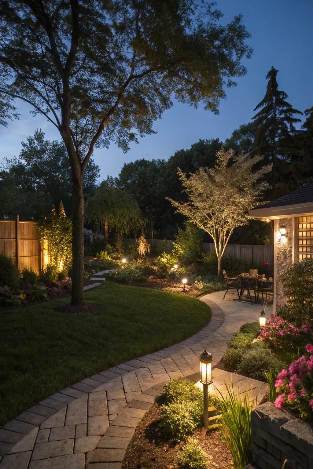 Artistic lighting enhances the splendor of your garden after twilight.