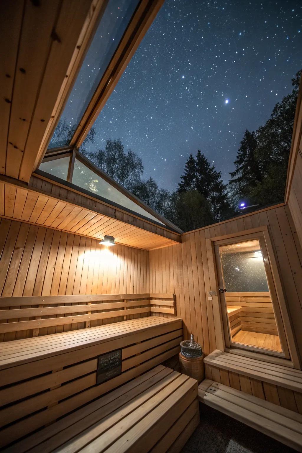 A sauna with a skylight for natural light.