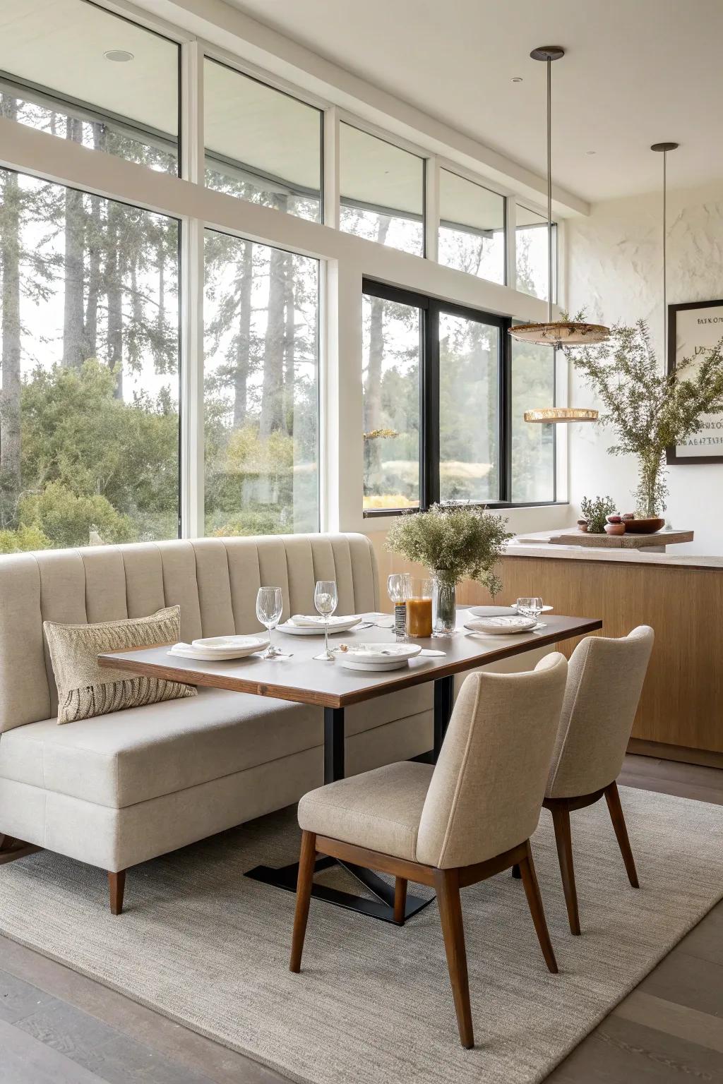 A 1950s dining room with sleek banquette seating.