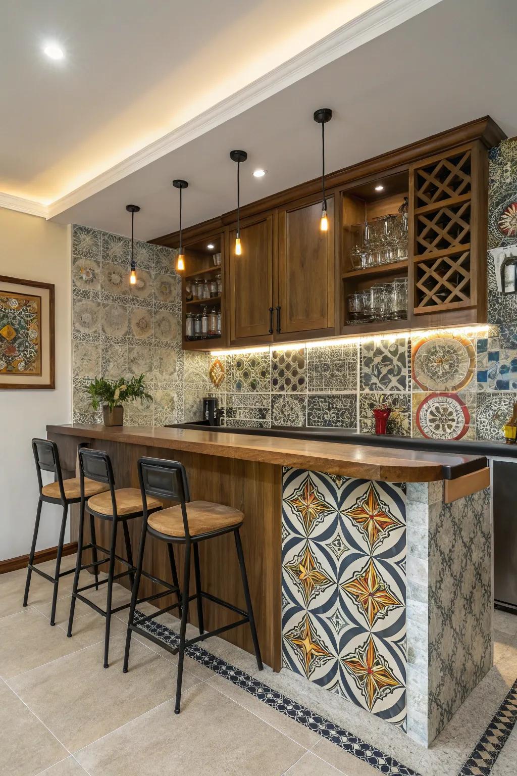 A home bar showcasing a striking patterned square backsplash in an artistic design.