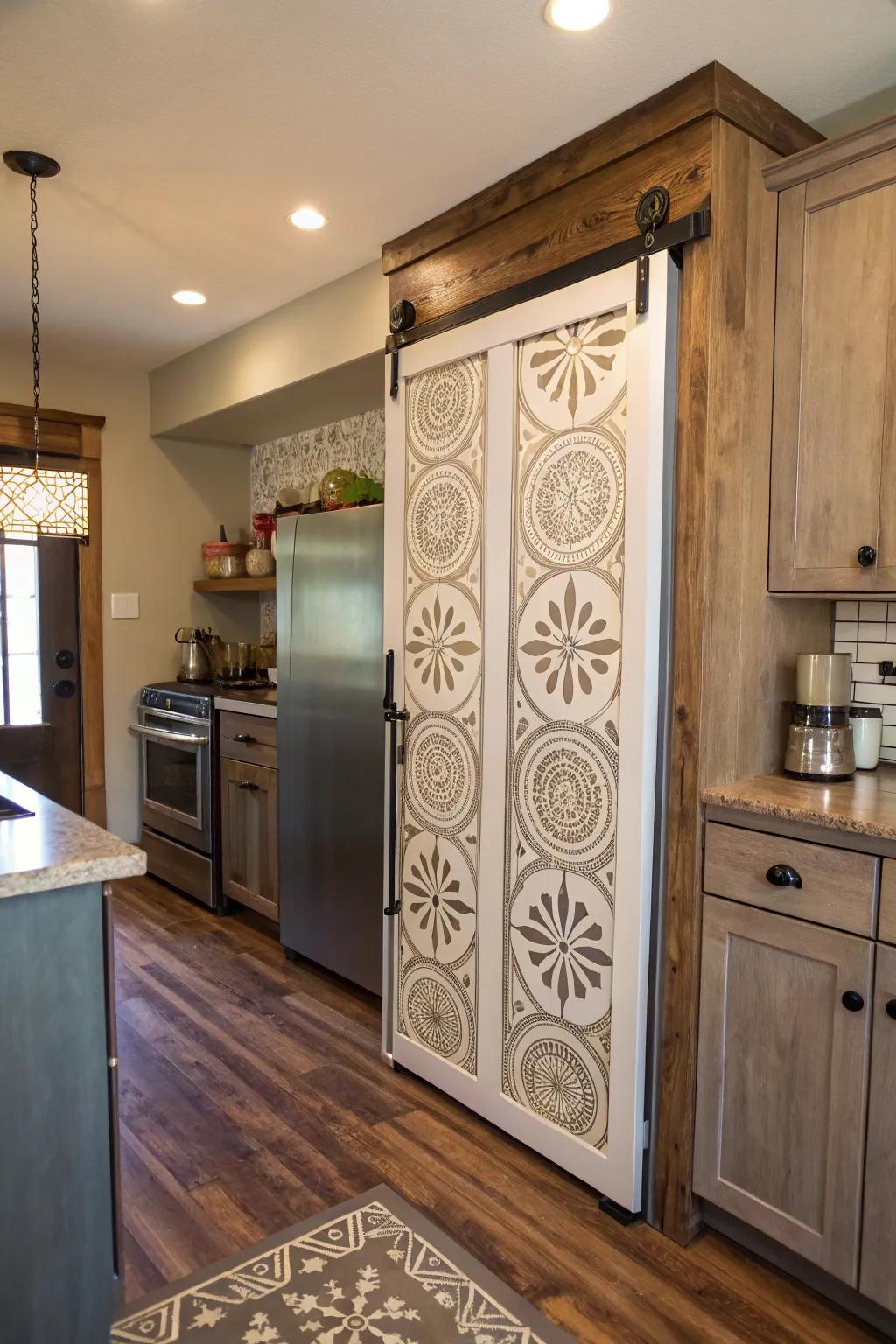 A kitchen featuring a sliding barn door pantry, embellished with stenciled motifs.