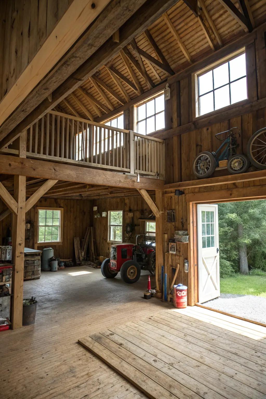 A loft optimizes space in this garage, offering storing or living options.