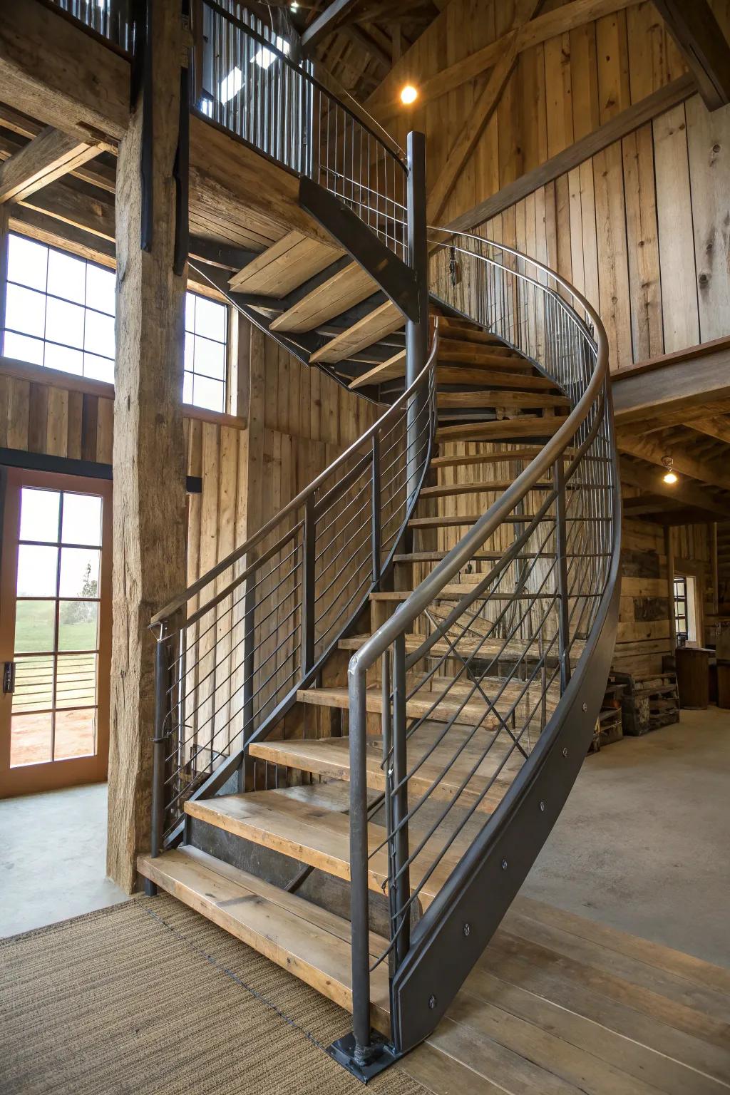 A metal and timber combination creates a modern rustic vibe for barn stairs.