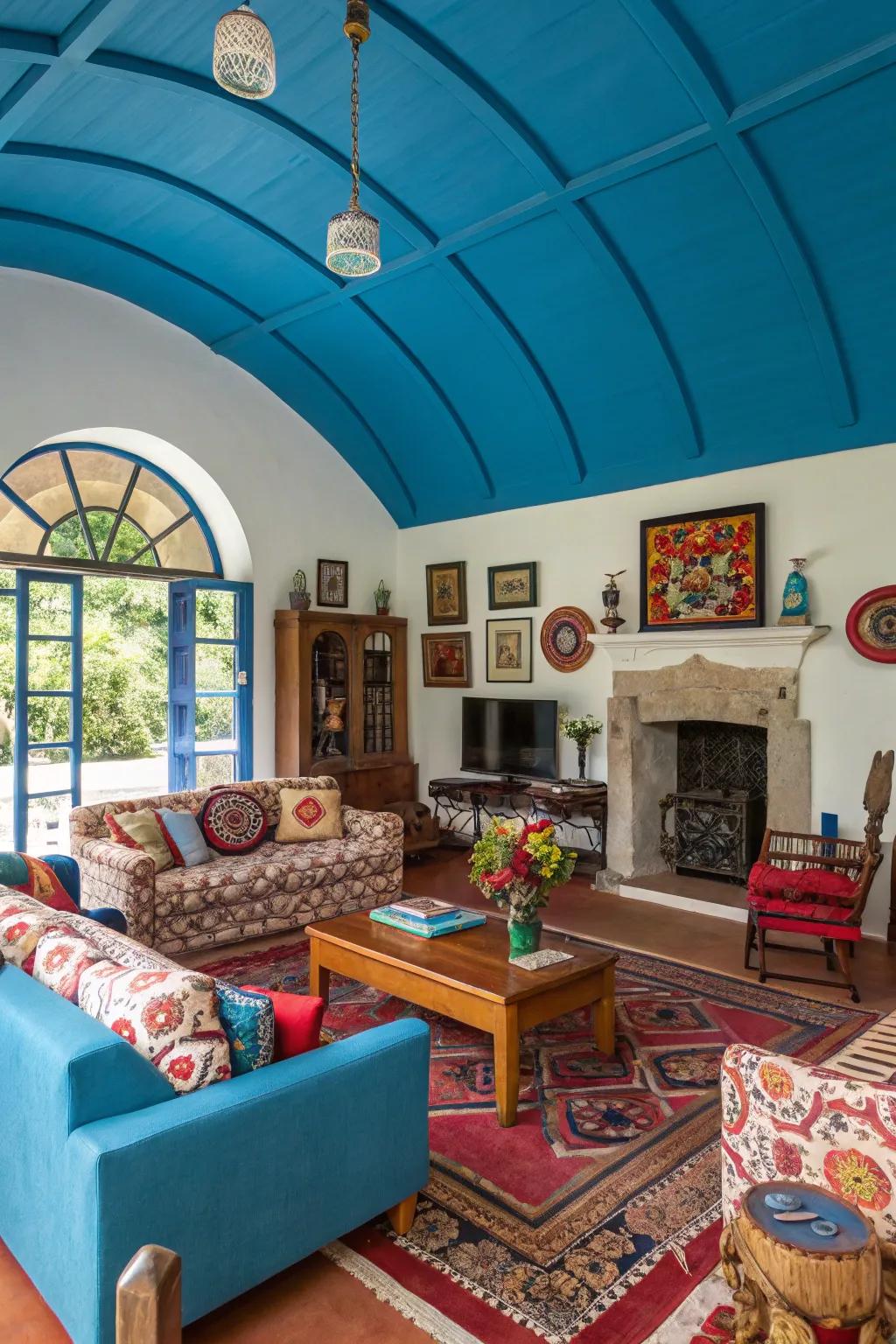 A vibrant lounge showcasing a bold-pigmented barrel ceiling.