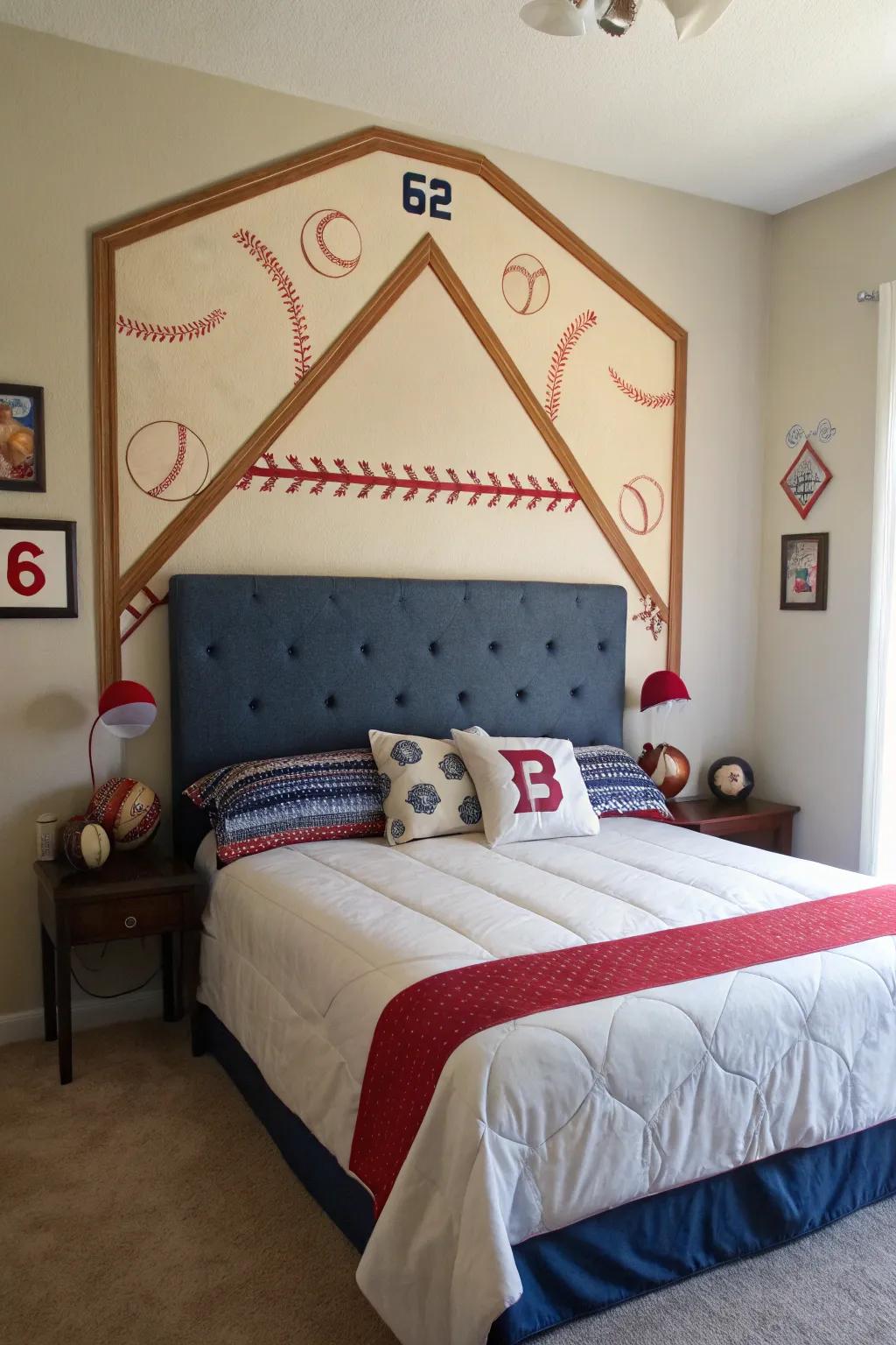 A headboard shaped like a home plate delivers a playful, unique centerpiece to the space.