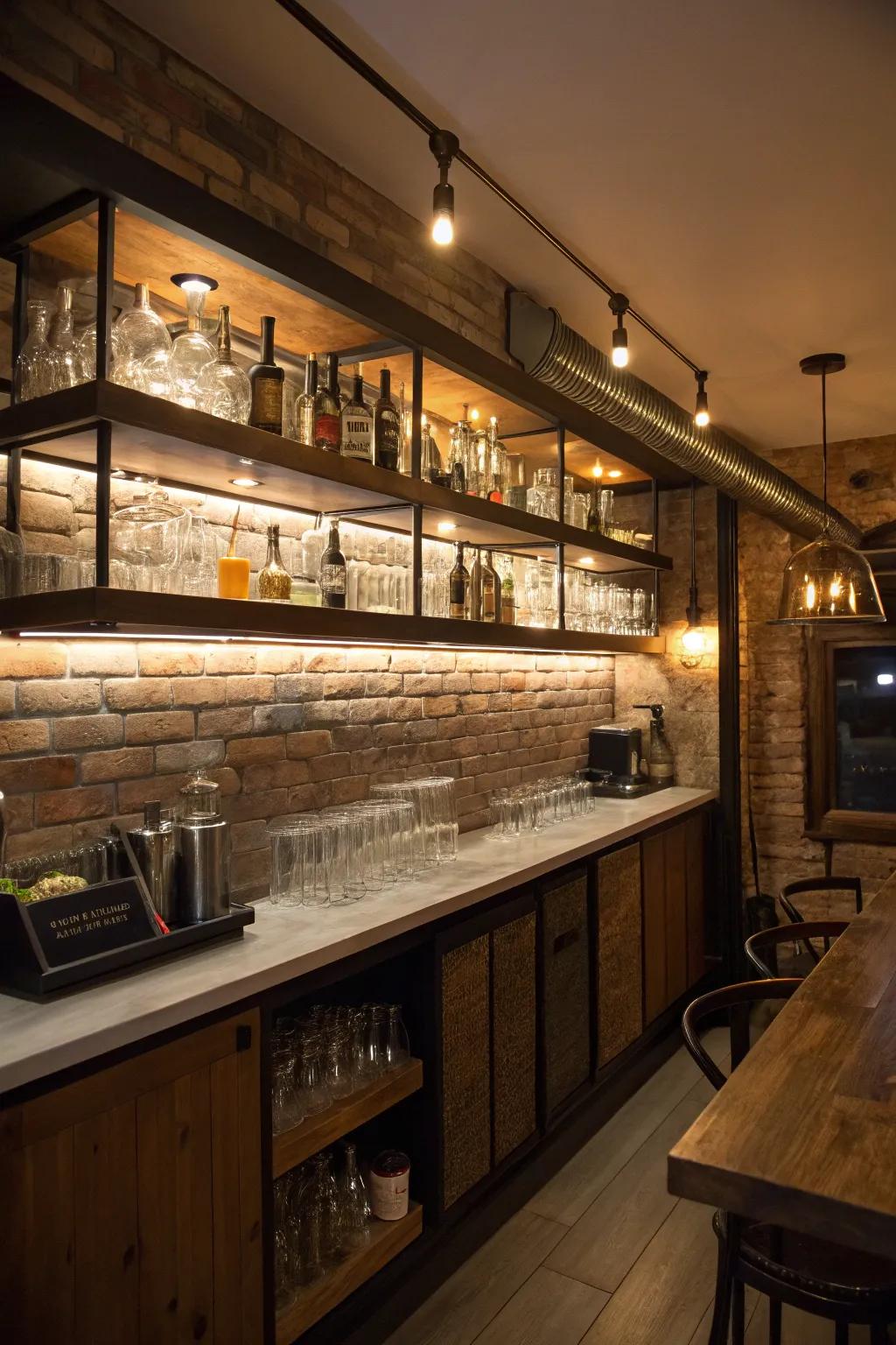 Wall mounted shelves add an airy, open feel to your basement bar.