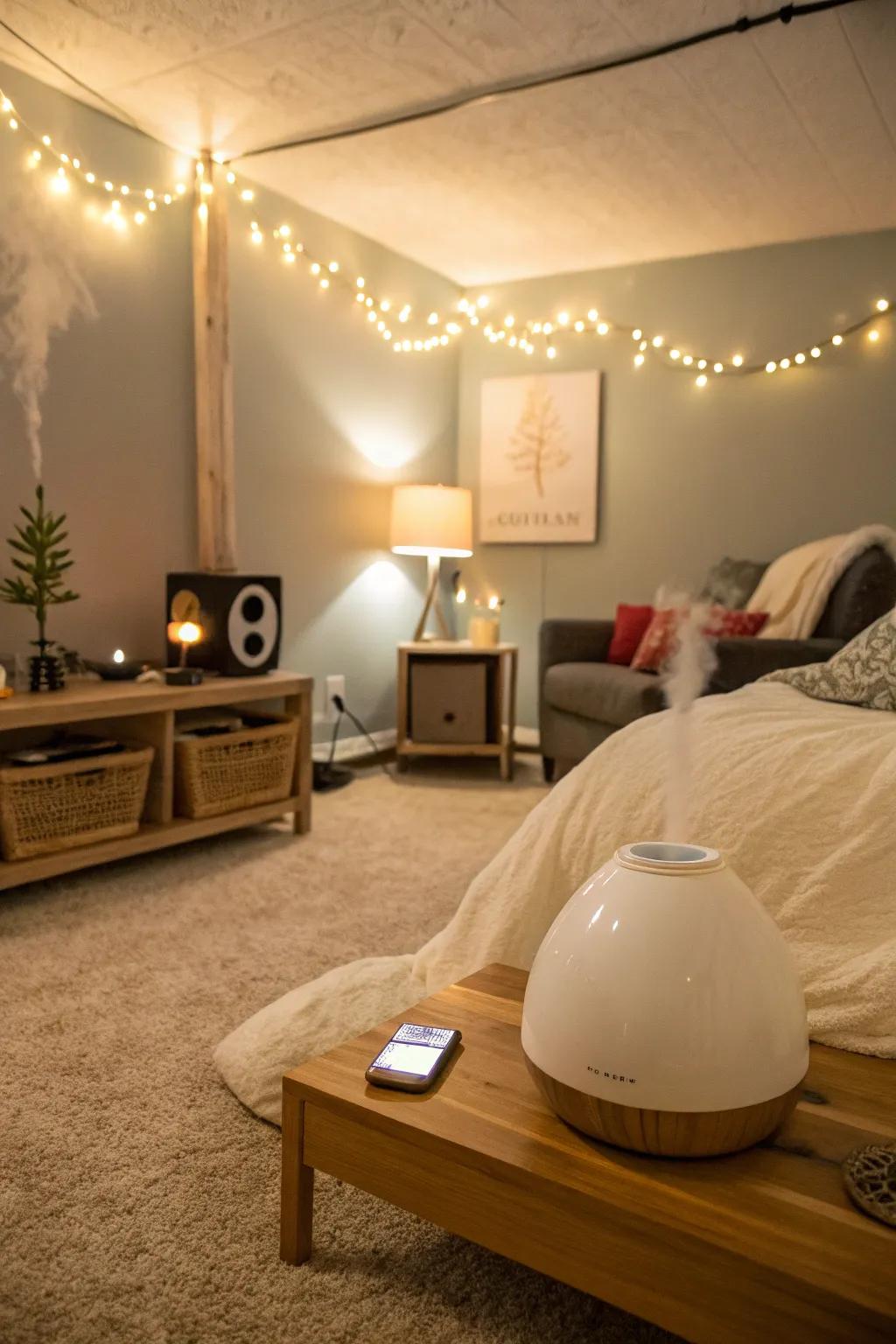 Both aromas and sounds create a basement bedroom ambiance.
