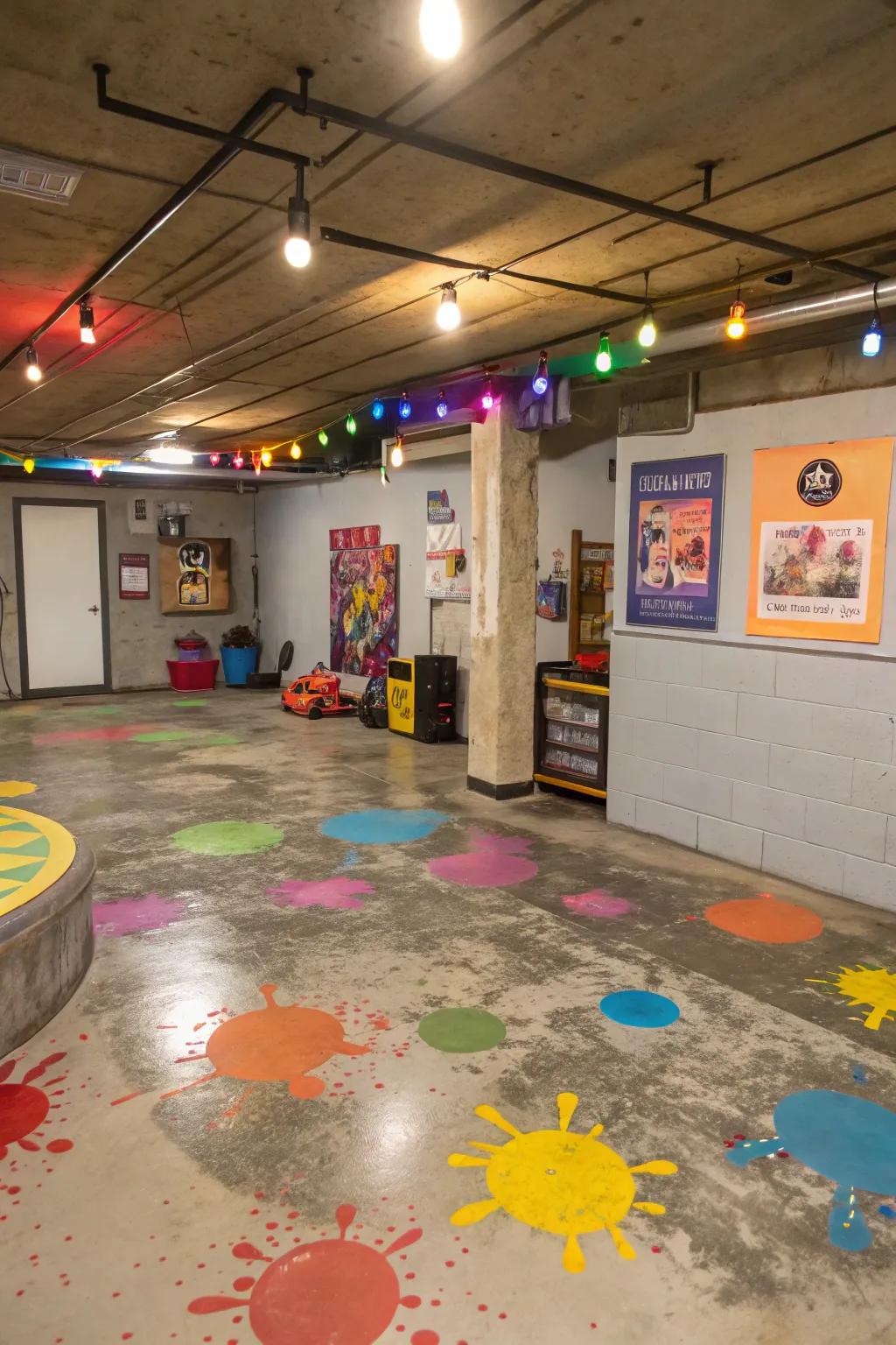 Color differences in cement floors add interest and a fun element to basement spaces.