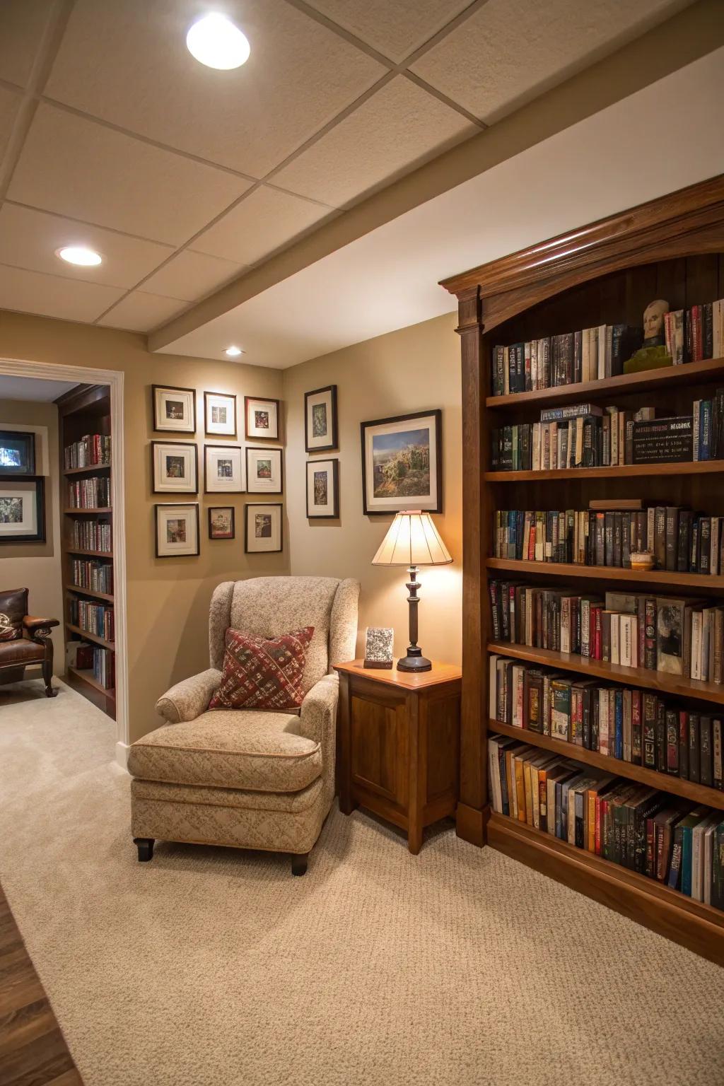 A reading area offers a cozy escape in this inviting basement.