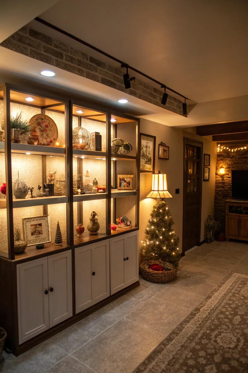 Backlit shelving appends drama and warmth to your basement decor.