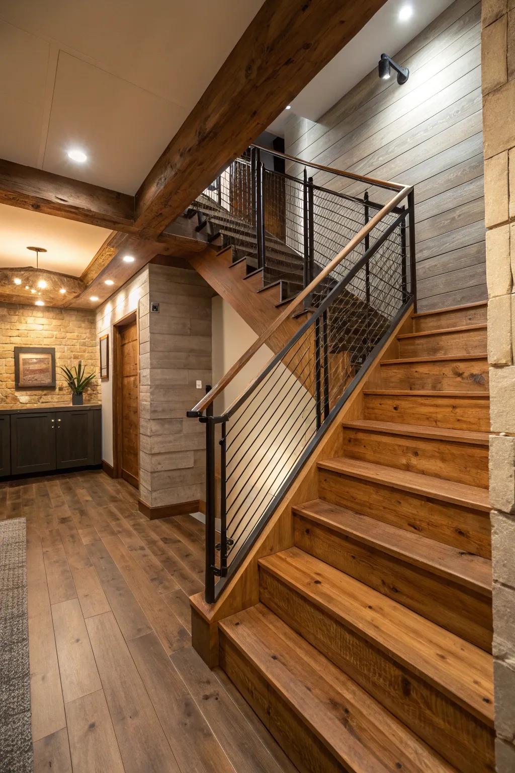 A combination of wood and metal creates a harmonious and stylish stairway.