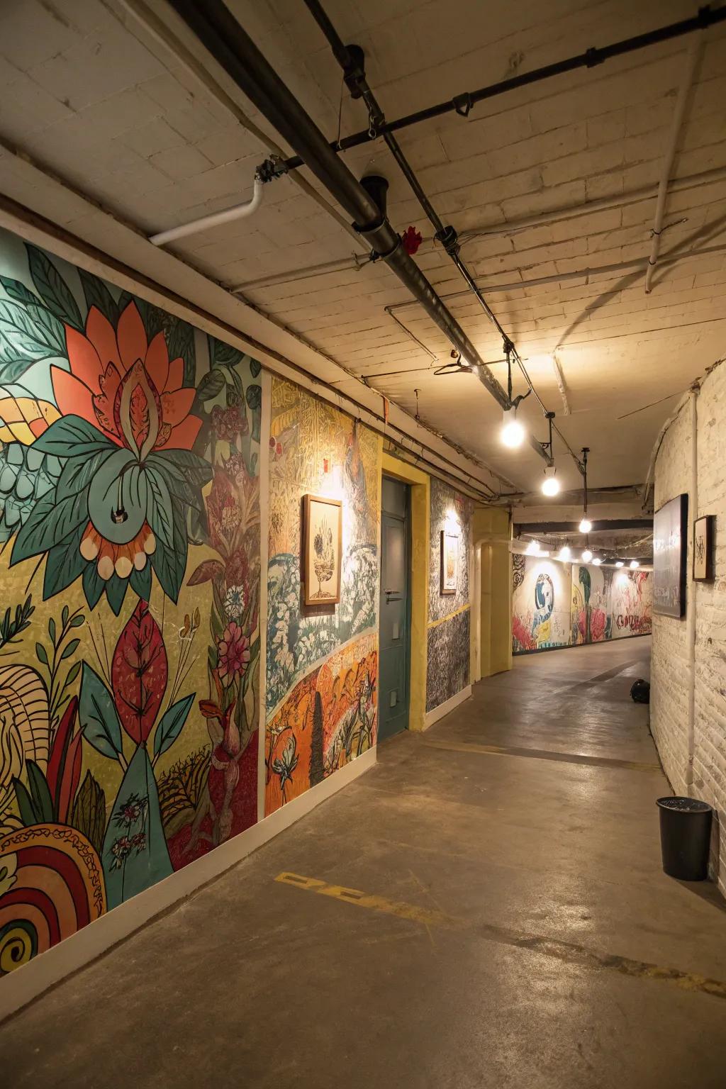 Artistic murals transform walls into masterpieces.