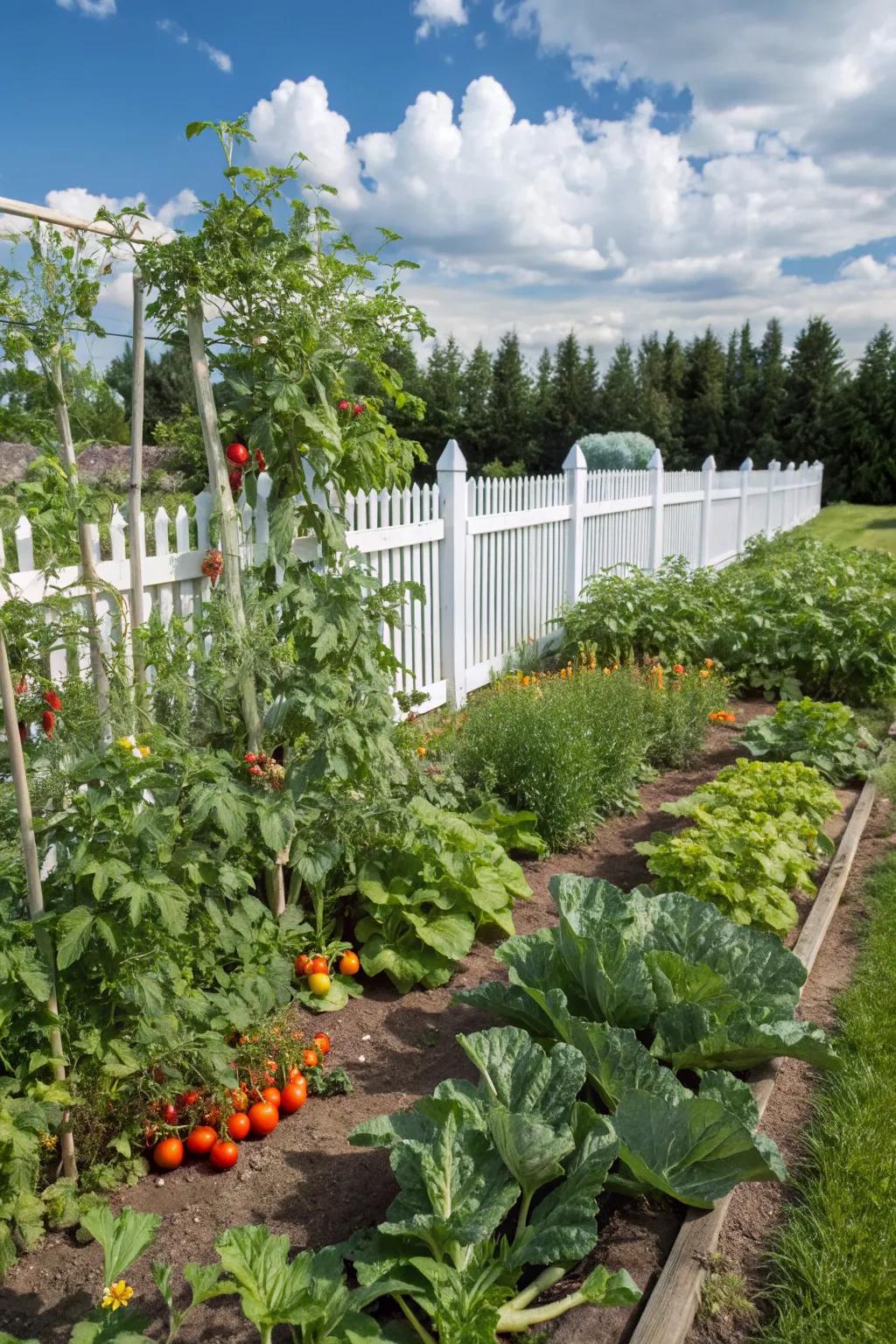 A vegetable patch delivers fresh produce and rich greenery.