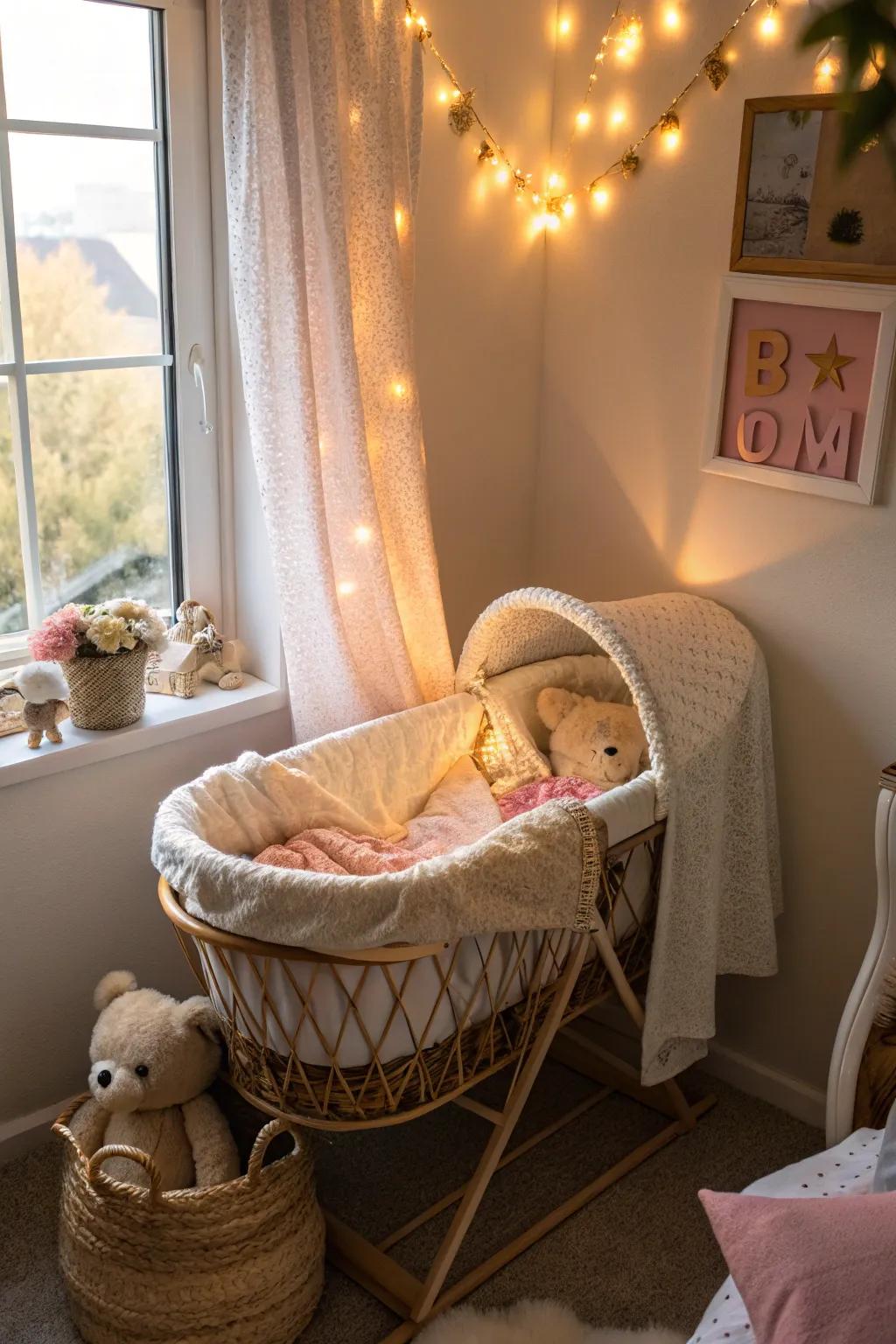 Design a peaceful retreat with a cozy baby bed corner.