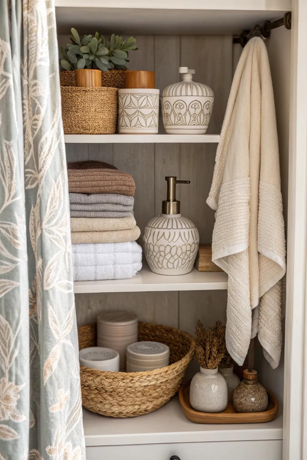A blend of ceramics and textiles adding depth to the bathroom closet.