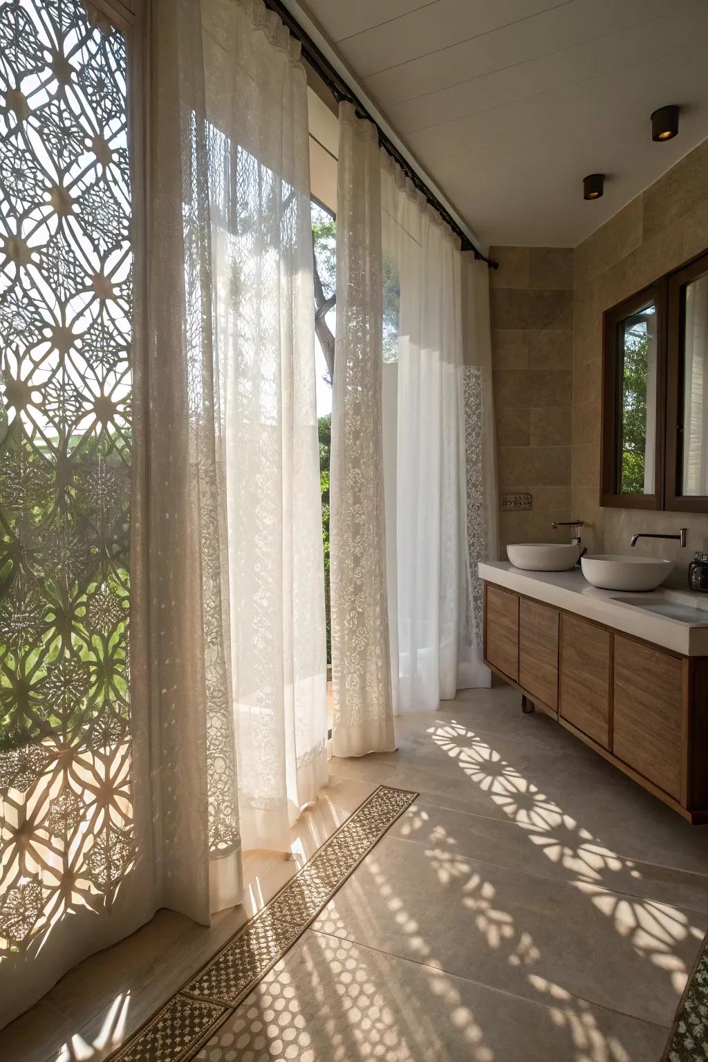 Your restroom gains depth from patterned translucents playing with light and shadow.