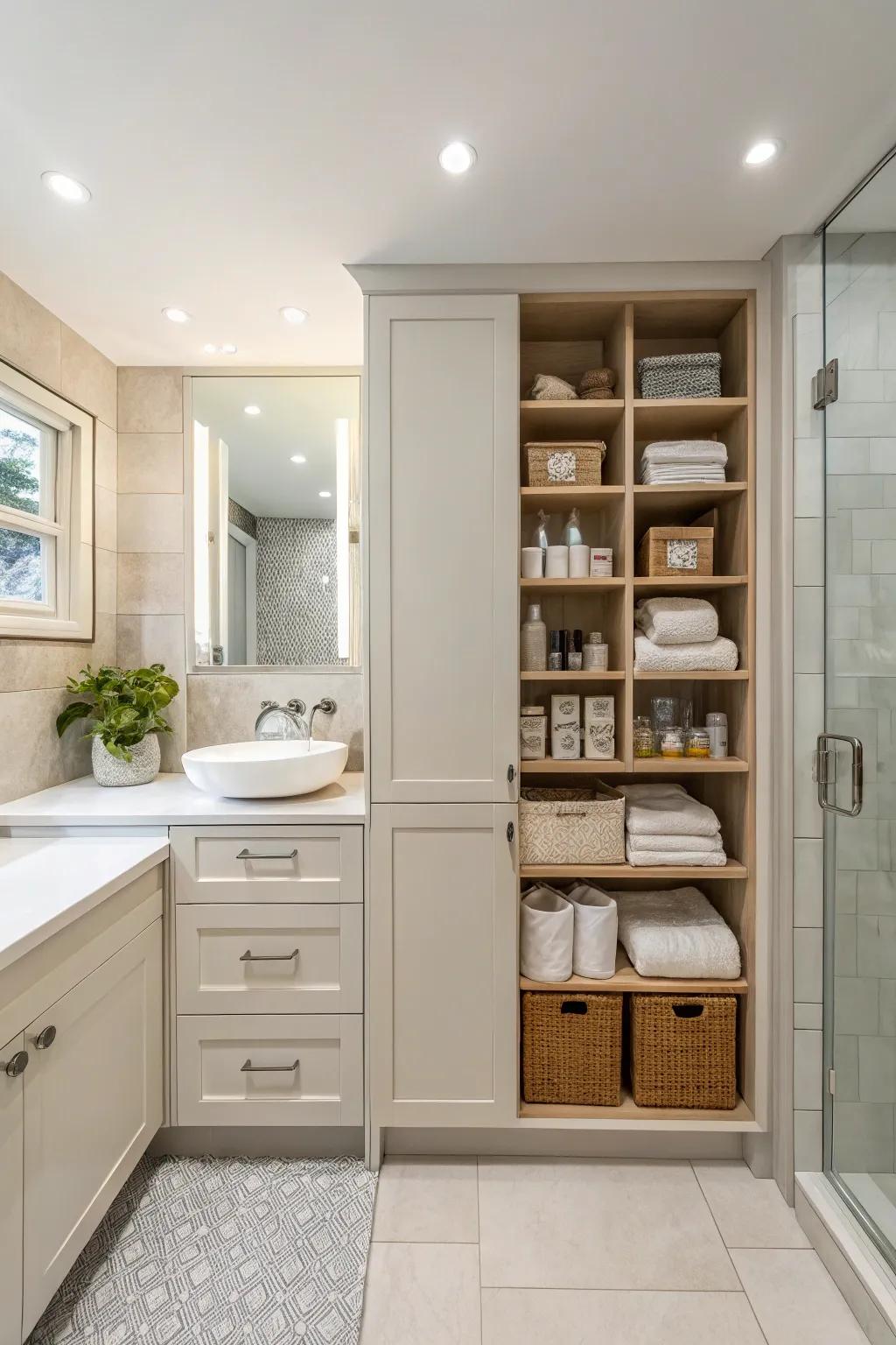 A bathroom with clever concealed stowage solutions, sustaining a pristine and organized semblance.