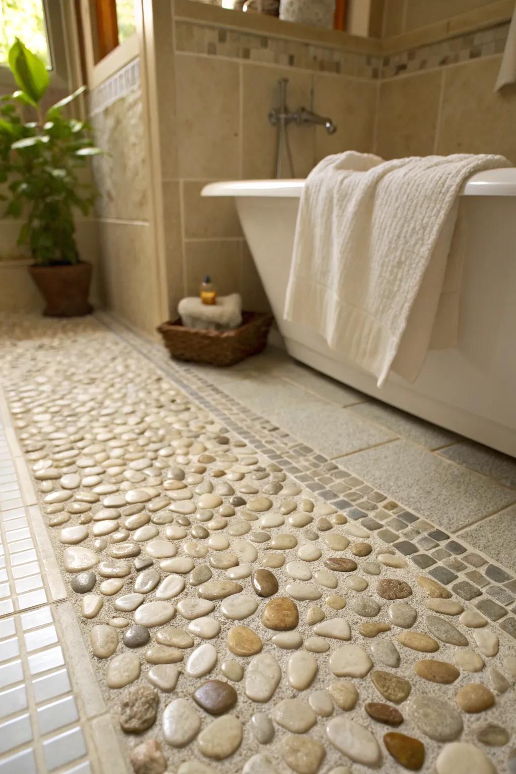 Grainy floorings introduce a peaceful, nature-inspired element to washrooms.