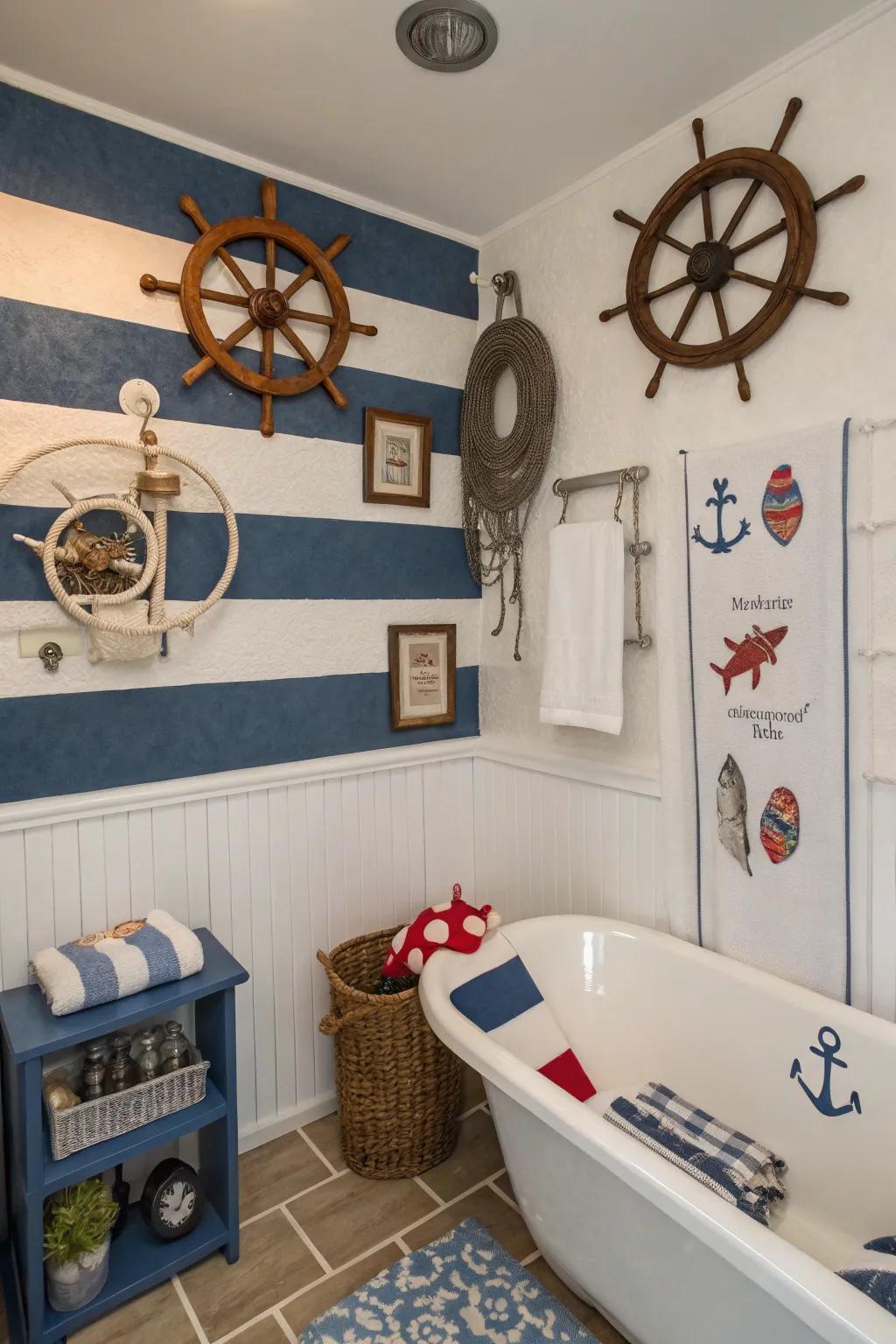 Sail away using a maritime-themed bathroom bursting with maritime charm.