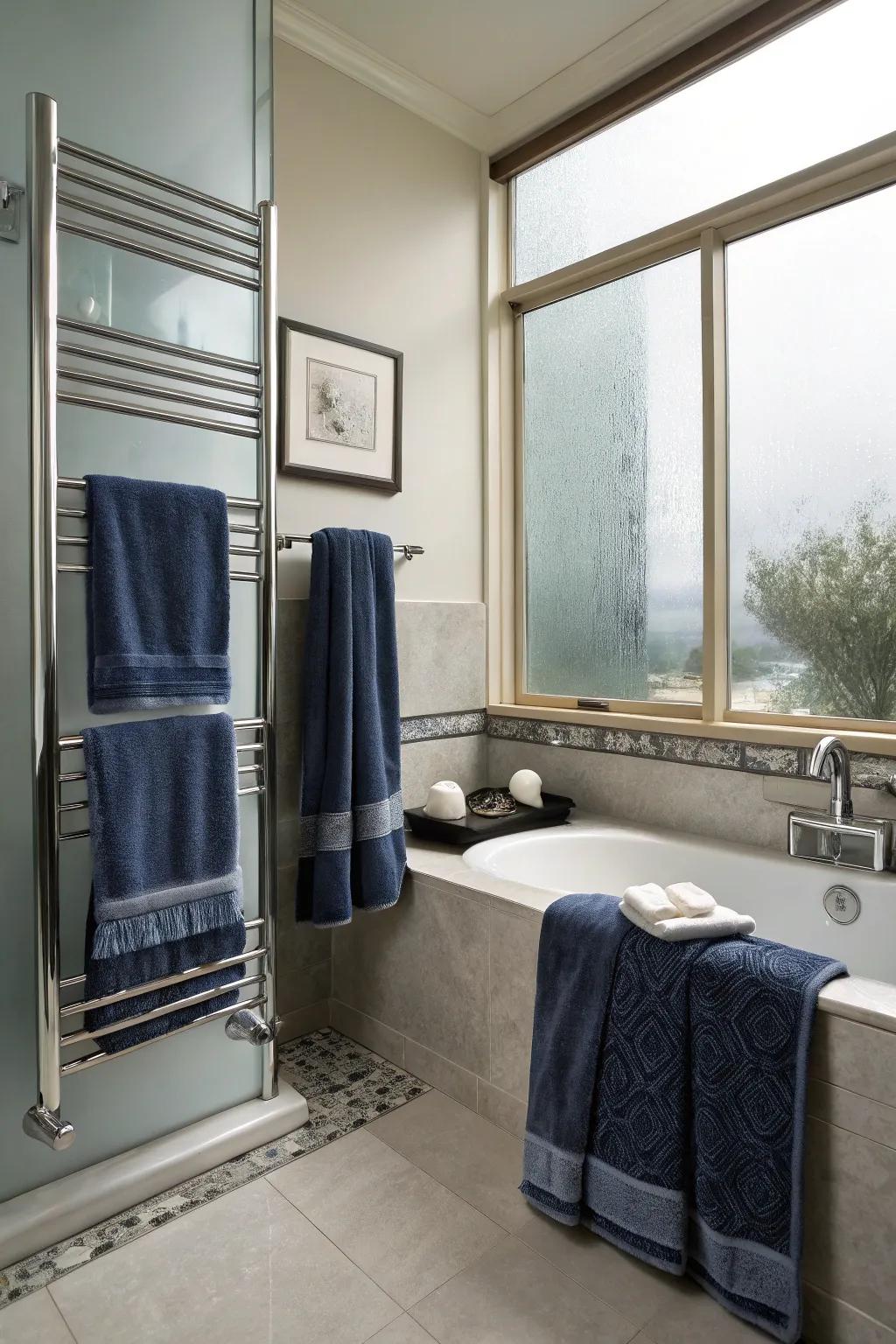 Midnight azure and argent textiles fashion a serene spa-like ambiance.