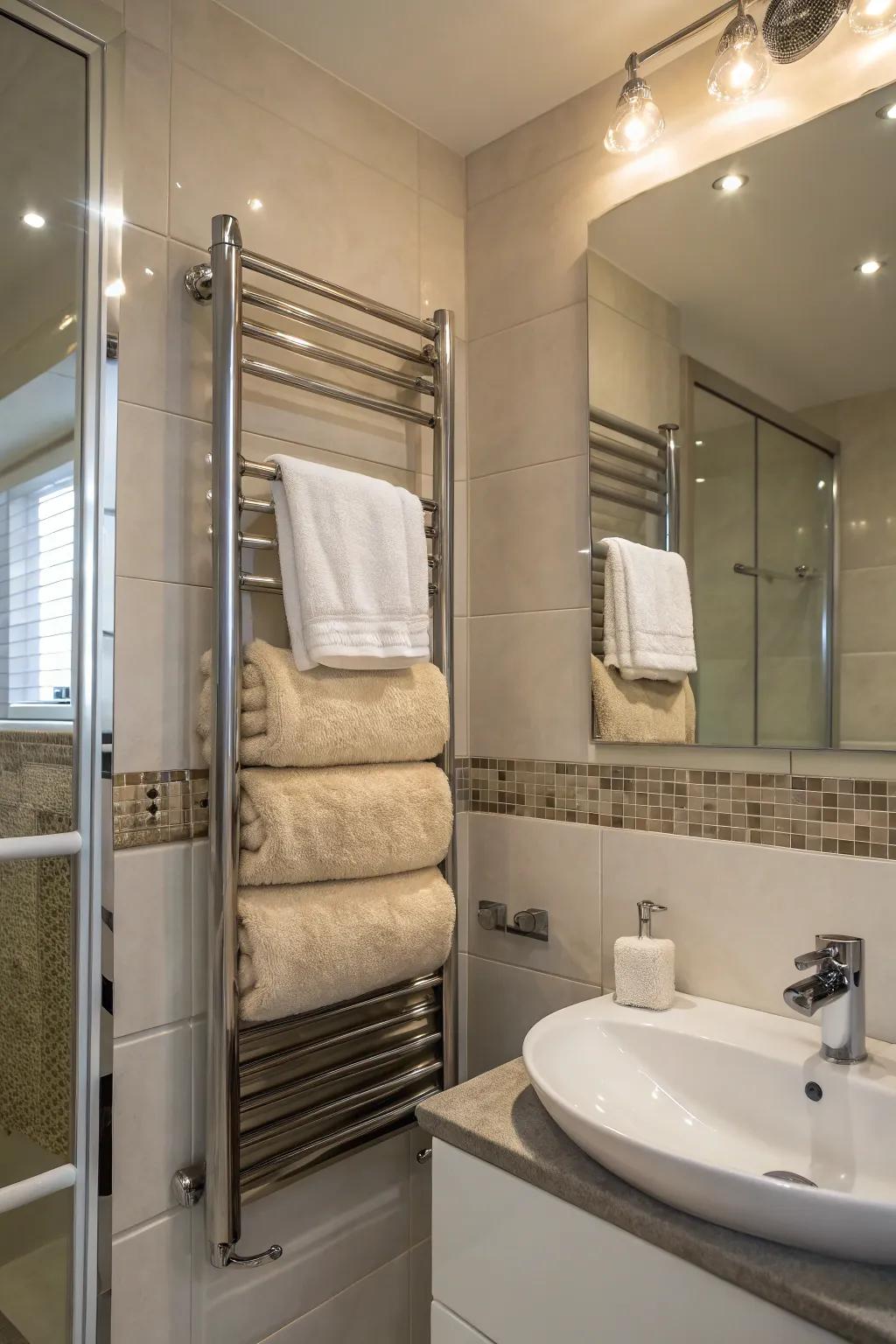 Towel warmer racks deliver warmth and opulence in towel storage.