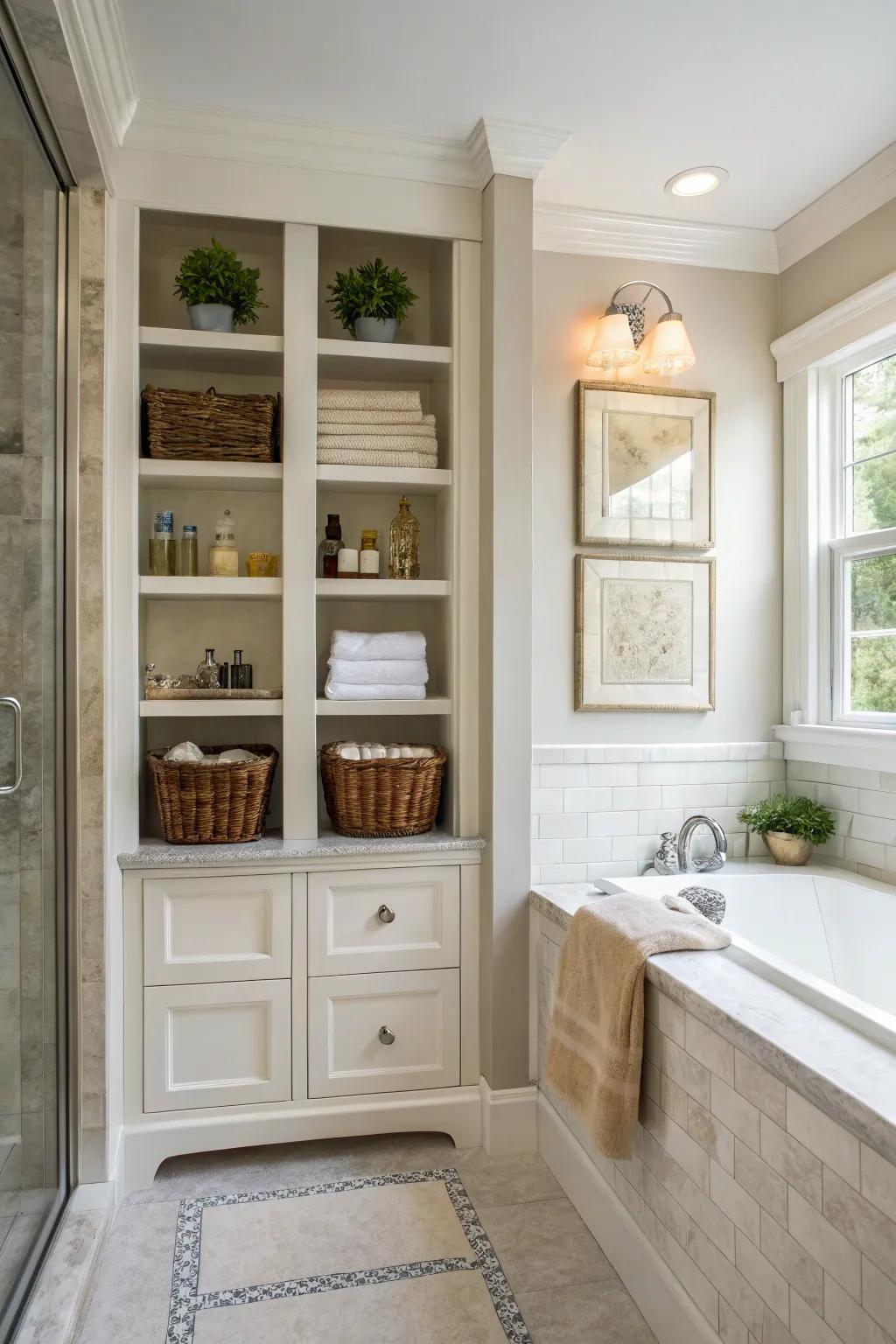 Custom shelves with trim add style and maximize storage.