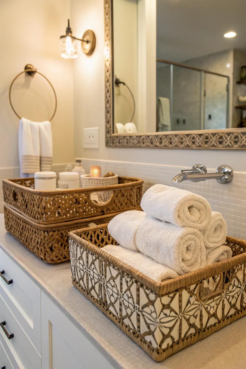 Ornamental baskets for stylish towel storage.