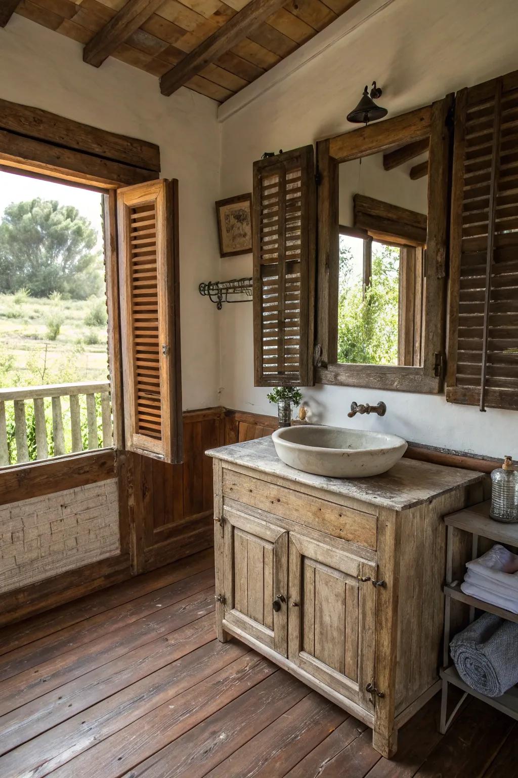 Wooden shutters contributing rustic appeal to the restroom.