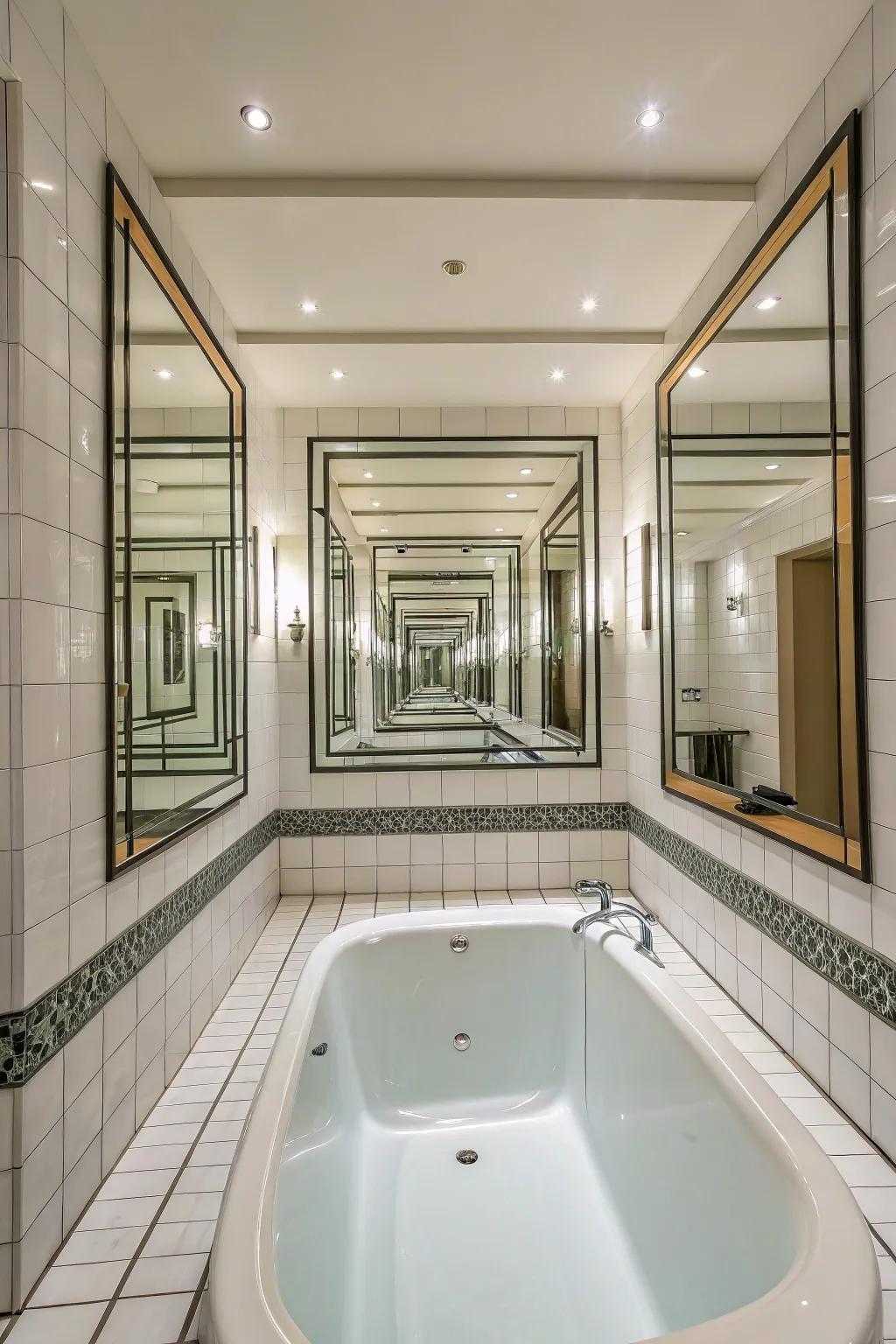 Reflective exteriors impart depth to this bathtub area.