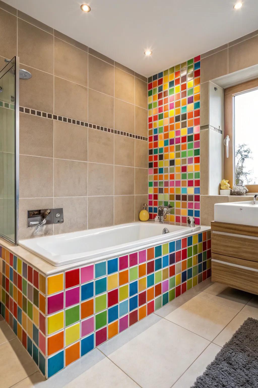 Color pop tiles add a vibrant punch to your bathtub area.