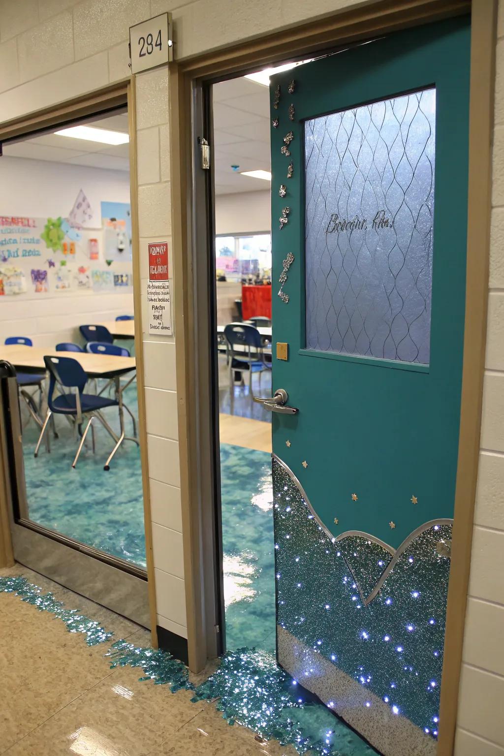 Gleaming sea effects on a classroom entrance for an enchanting touch.