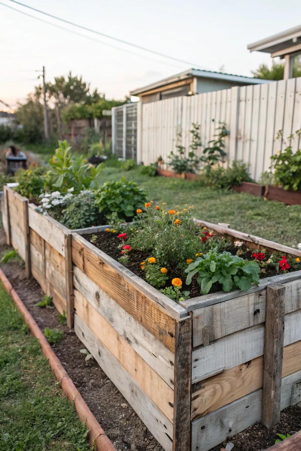 A DIY raised garden bed made from recycled materials, overflowing with spring blooms.