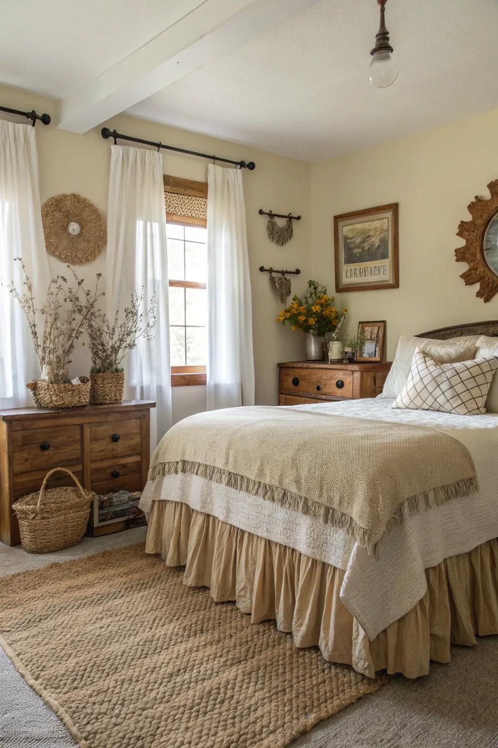 Burlap adds a rustic charm to any bedroom.