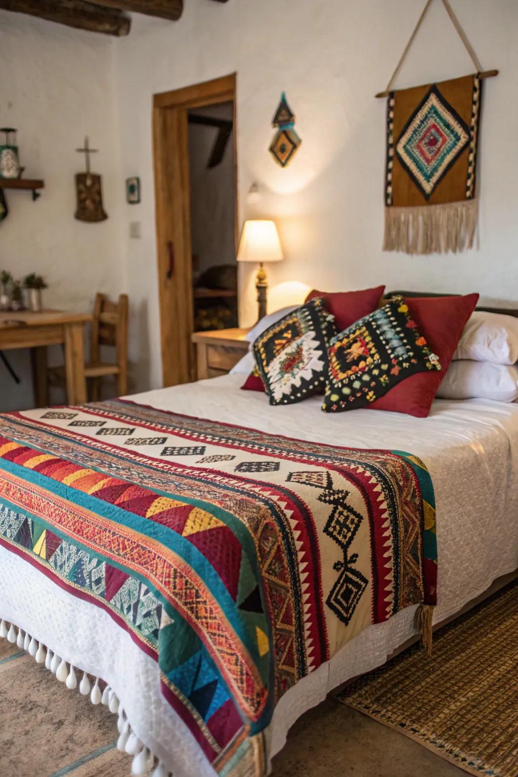 Cultural textiles impart global flair and depth.