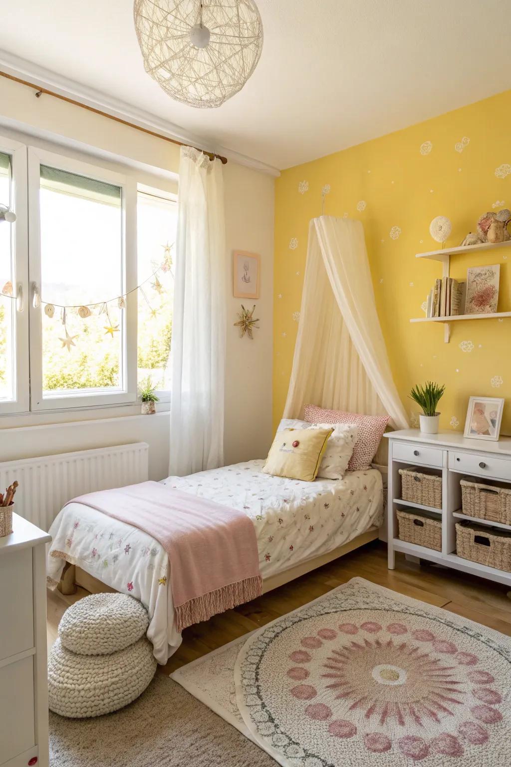 A sunny gold accent brings a cheerful vibe to this peaceful bedroom.