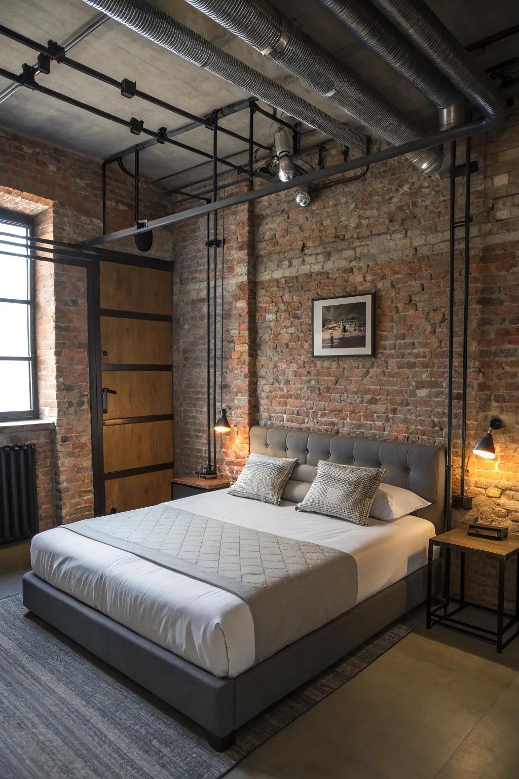 Industrial elements impart a modern and rugged accent to the bedroom.
