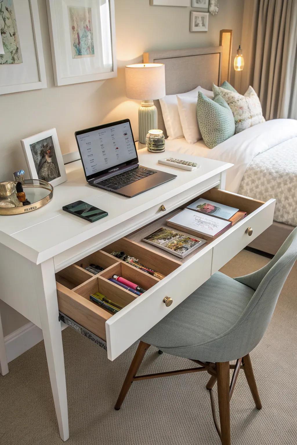 Maintain tidiness with concealed storage solutions.