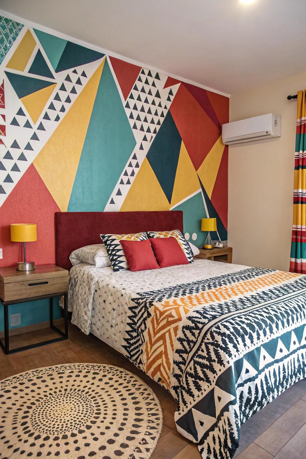 A bedroom energized via bold geometric designs.