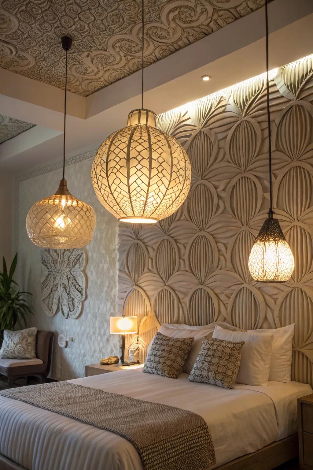 Significant illumination enhances bedroom walls with both style and function.