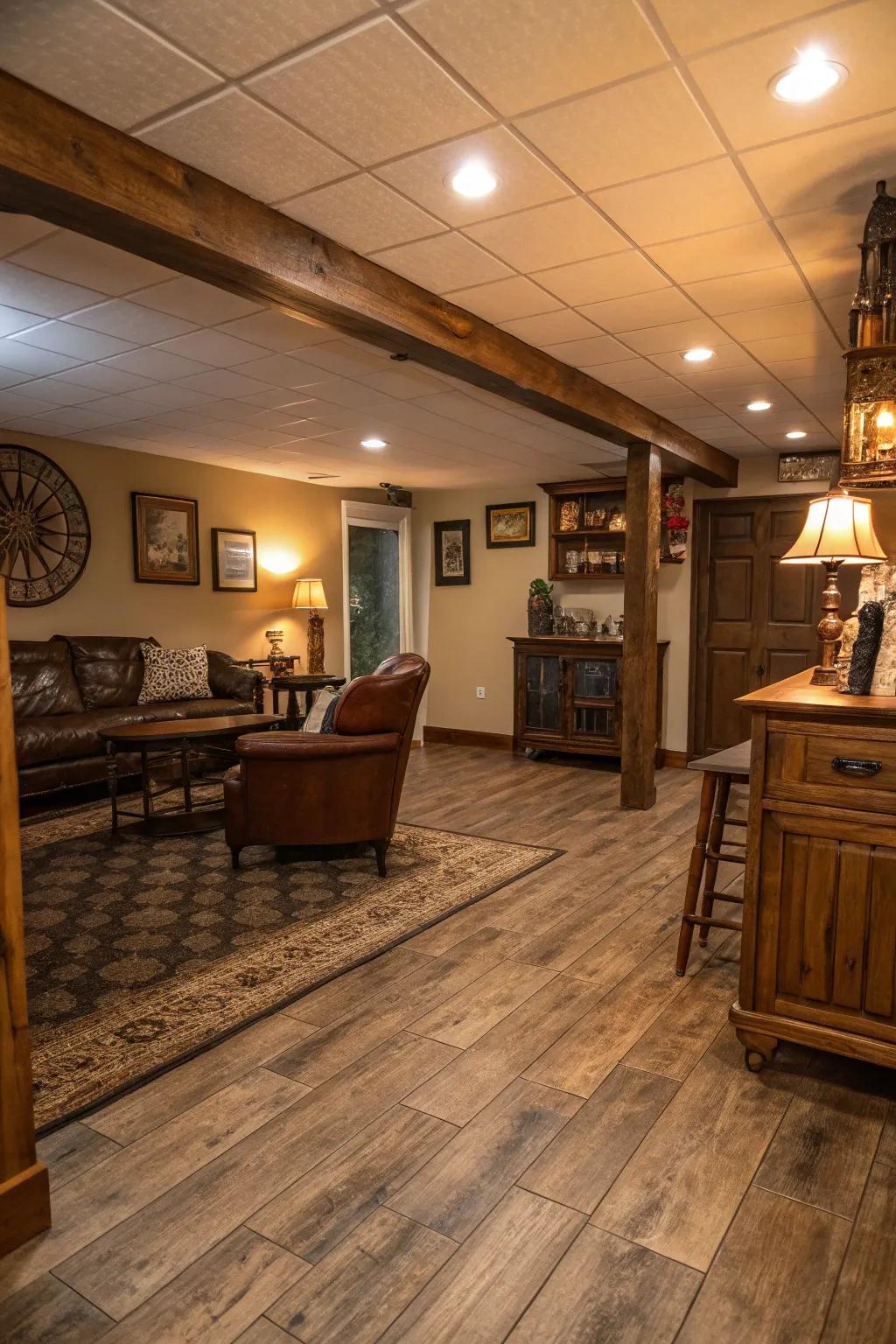 Broad plank vinyl adds countryside appeal to basement floors.