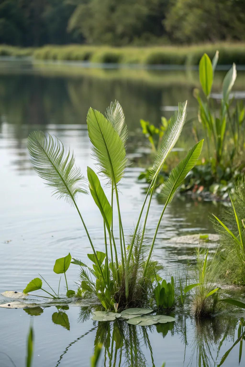 Myriophyllum enhances the pond with texture and shelters fish beneath the surface.