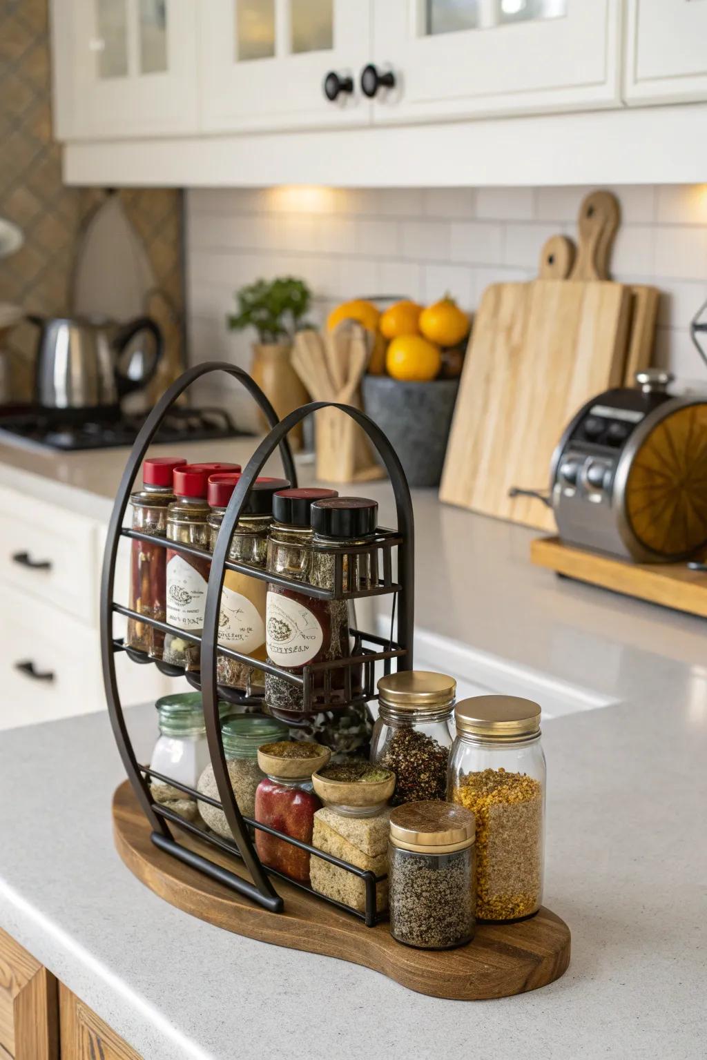 Crescent racks offer a stylish way to store spices.