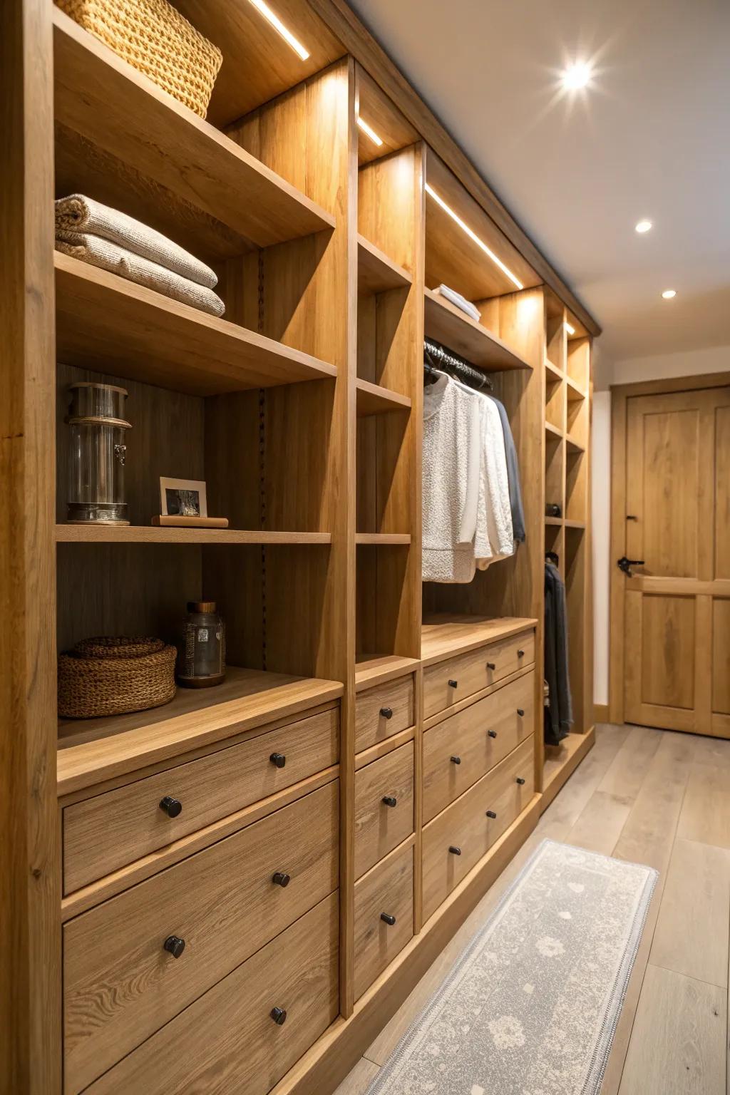 A closet featuring raw timber elements adding warmth and texture.
