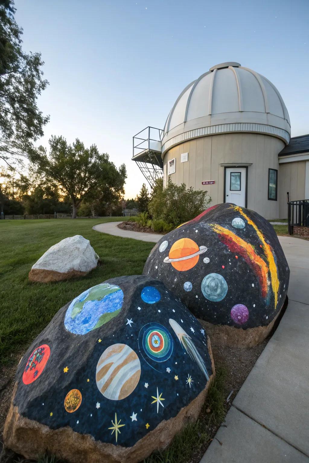 Begin on a cosmic journey with space-themed stone art.