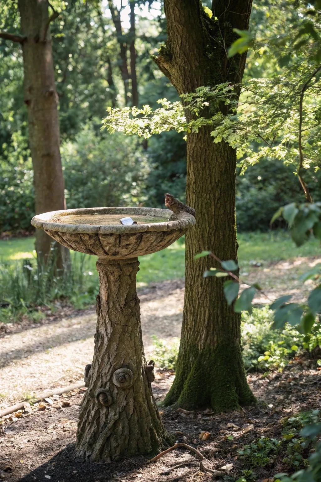 A tree bole bird bath harmonizing with the natural landscape.