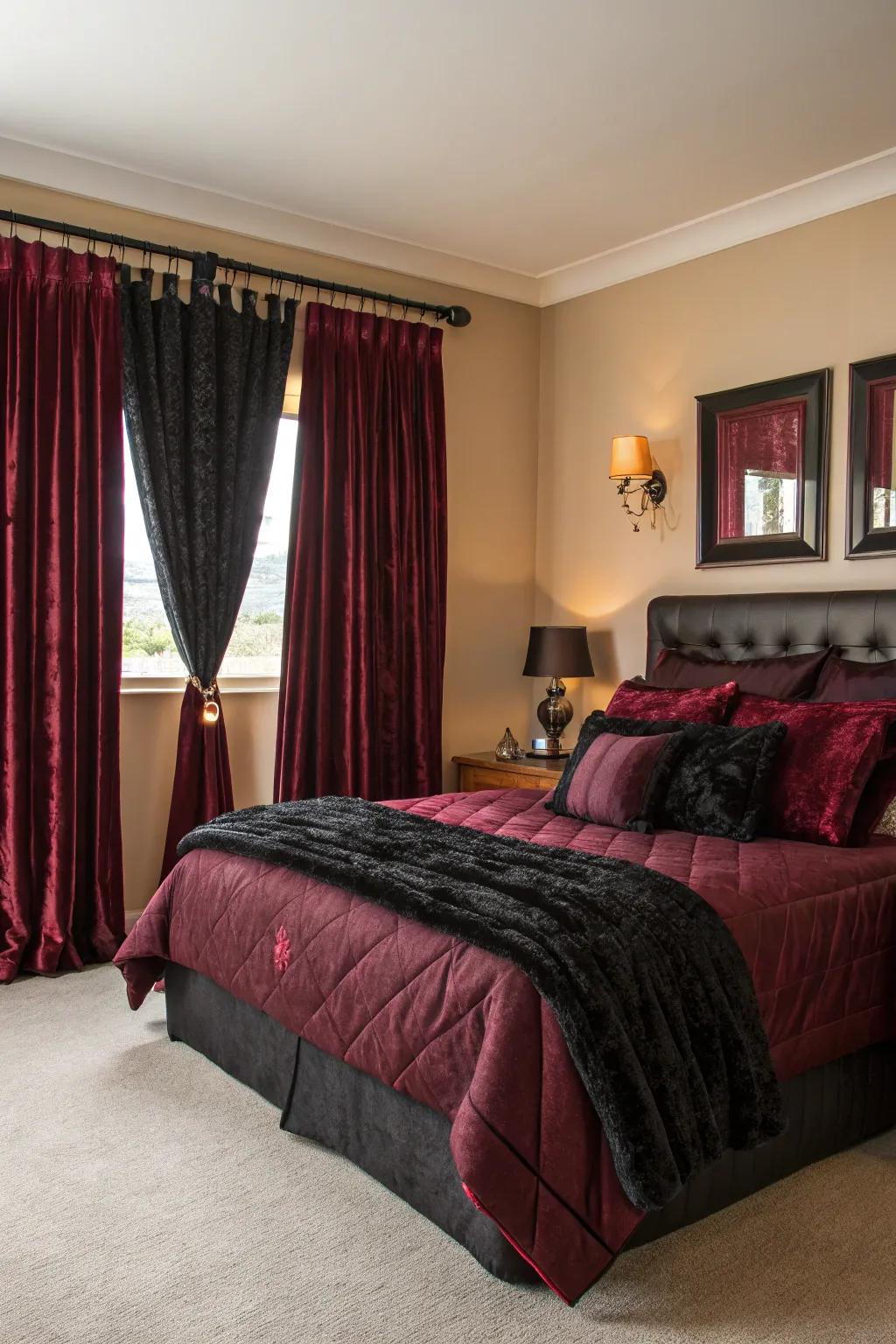 Black and burgundy window dressings inject style and privacy.