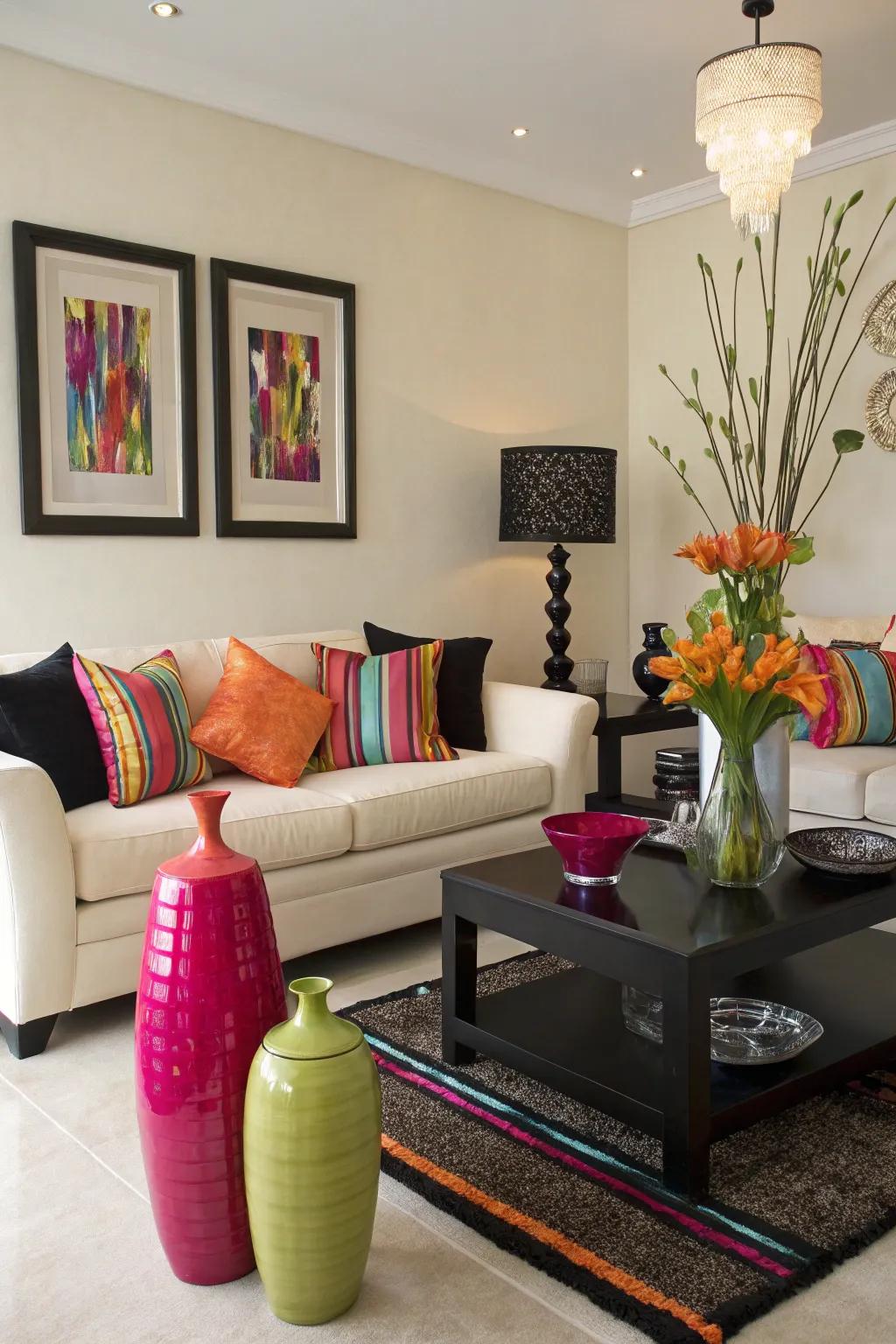 A splash of hue through accessories introduces excitement to the classic palette.