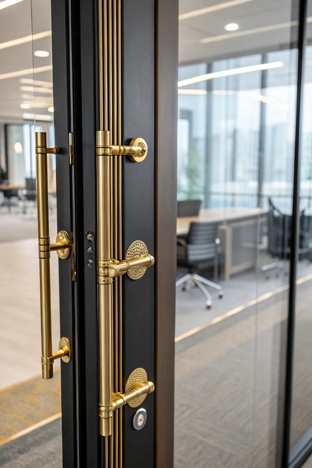 Gilded-accented door levers append a subtle opulent nuance to your office.
