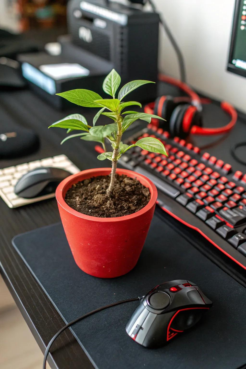 A small plant in a scarlet pot contributes a sliver of nature to the high-tech gaming setup.