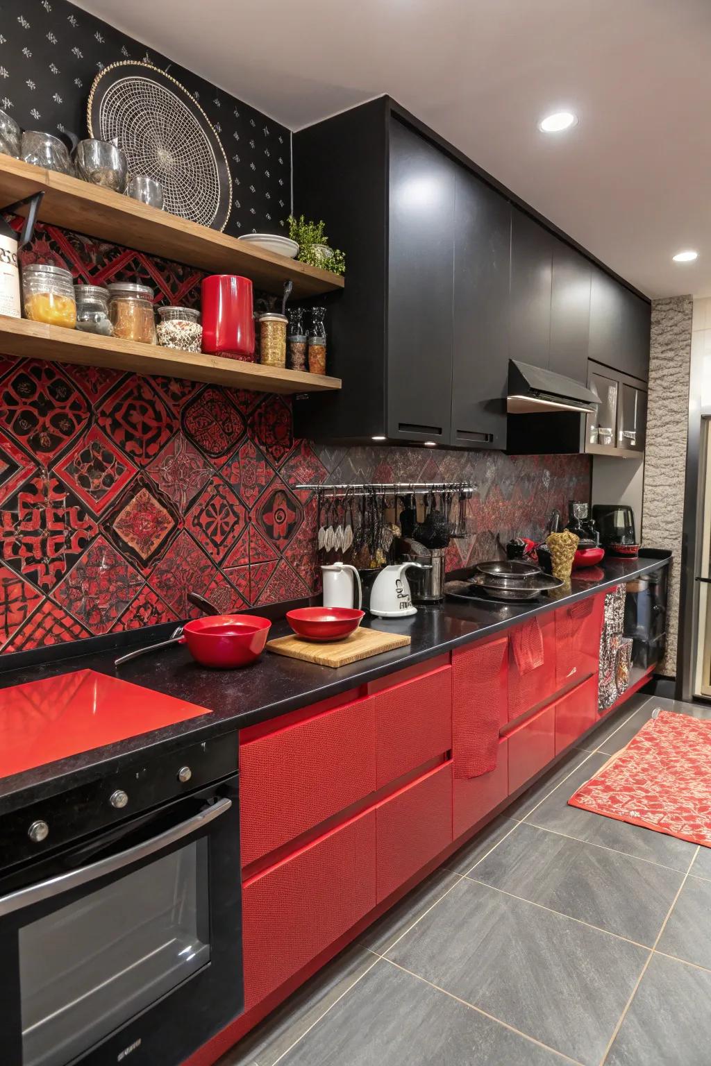 An eccentric amalgam of textures sustains the ebony and scarlet culinary space dynamic.